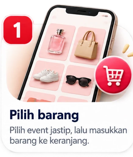 1. Pilih barang — pilih event jastip, lalu masukkan barang ke keranjang.